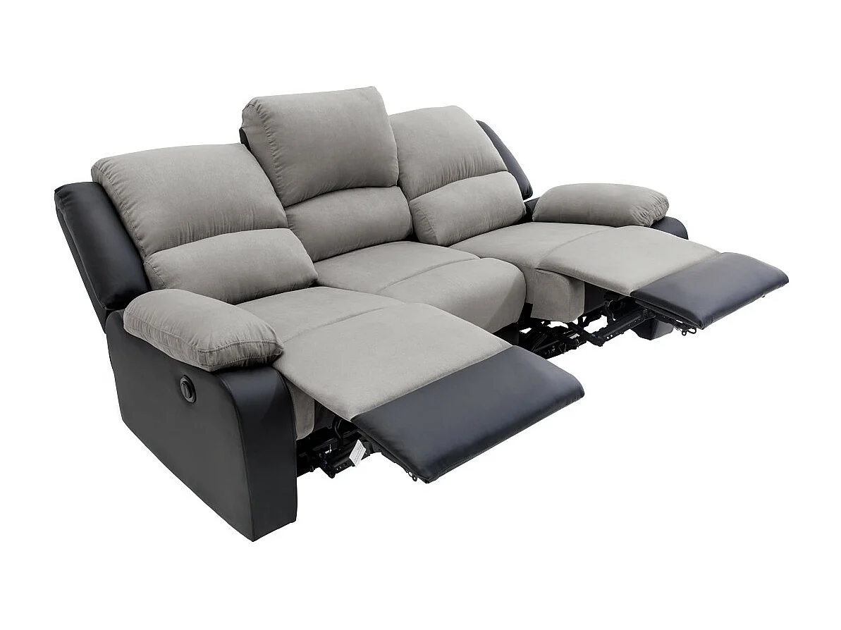 Canapé de Relaxation électrique 3 places Microfibre et Simili Léo - Noir et gris - L193 x 93 x 96cm - Loungitude