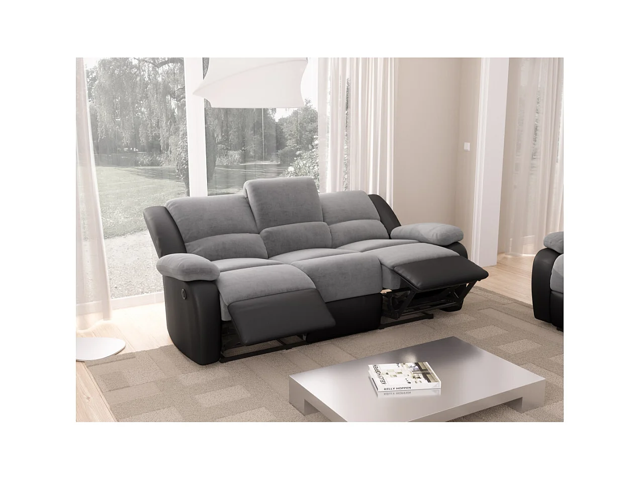 Canapé de Relaxation électrique 3 places Microfibre et Simili Léo - Noir et gris - L193 x 93 x 96cm - Loungitude