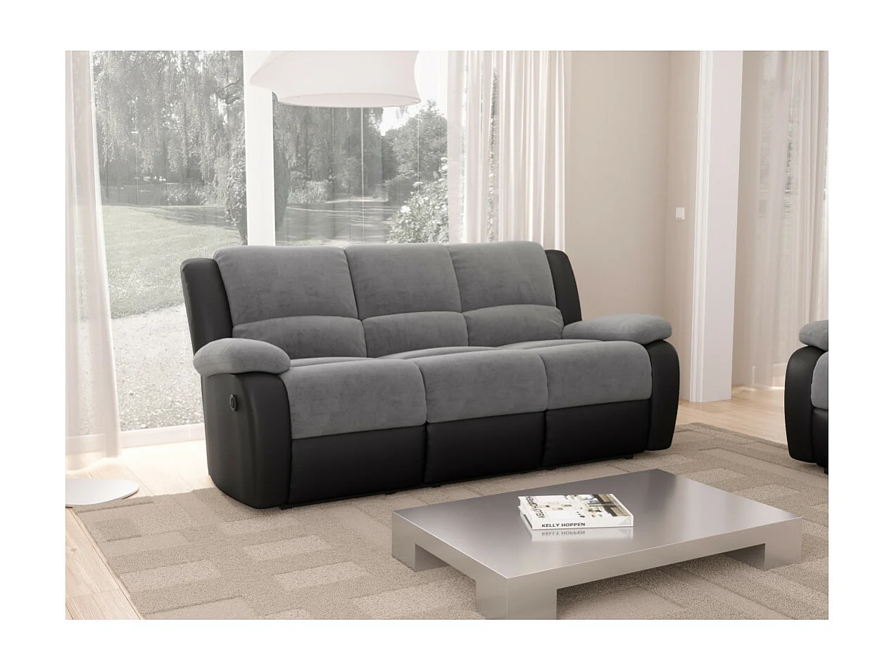 Canapé de Relaxation électrique 3 places Microfibre et Simili Léo - Noir et gris - L193 x 93 x 96cm - Loungitude