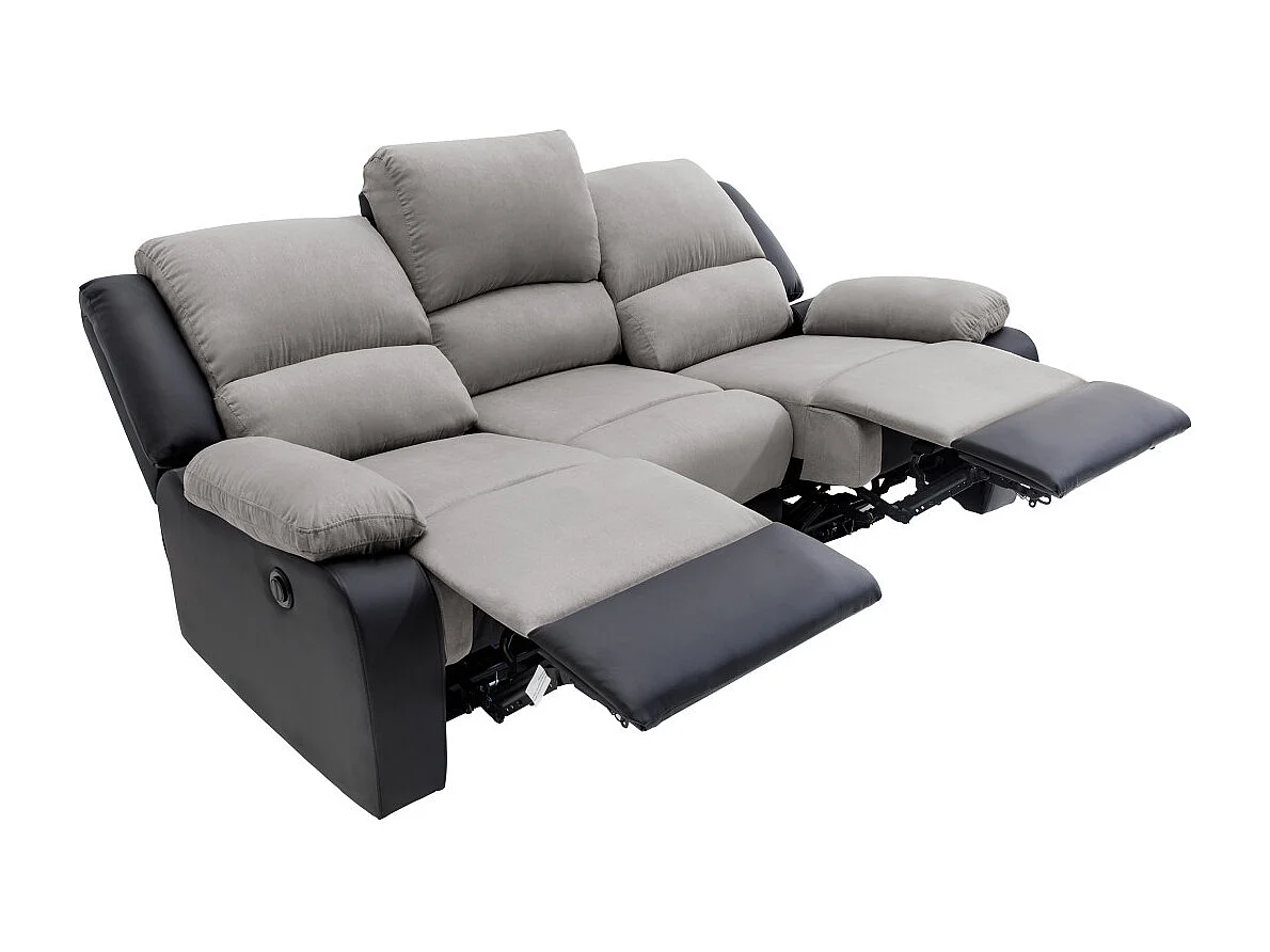 Canapé de Relaxation électrique 3 places Microfibre et Simili Léo - Noir et gris - L193 x 93 x 96cm - Loungitude