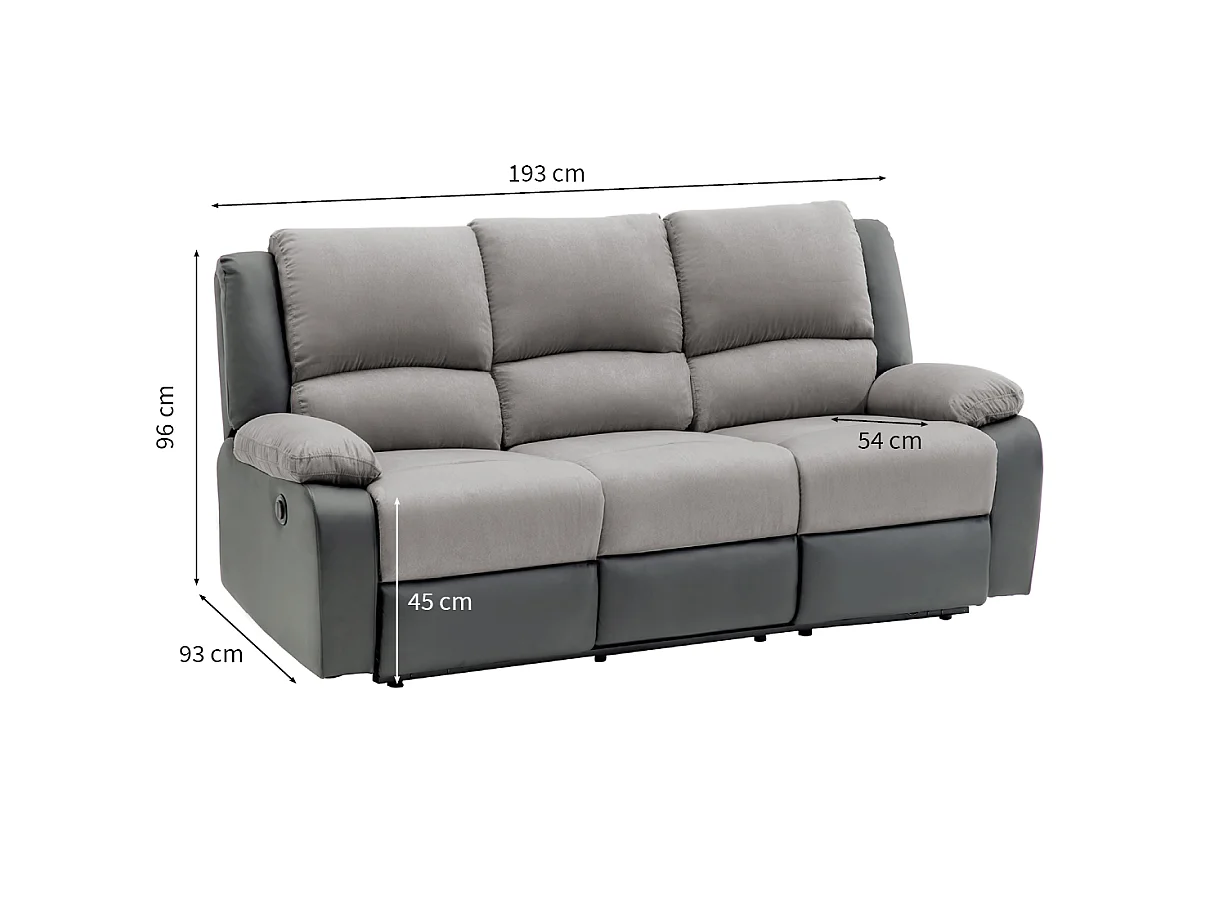 Canapé de Relaxation électrique 3 places Microfibre et Simili Léo - Noir et gris - L193 x 93 x 96cm - Loungitude