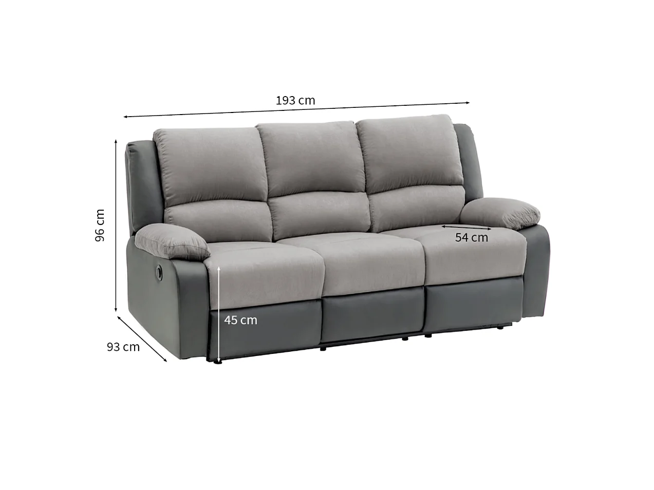 Canapé de Relaxation électrique 3 places Microfibre et Simili Léo - Noir et gris - L193 x 93 x 96cm - Loungitude