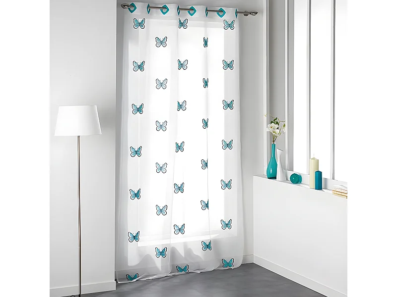 Rideau Voilage Brodé "Papilu" 140x240cm Bleu