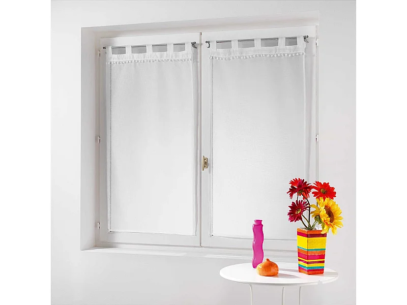 Paire de Voilages à Pompons "Poupette" 60x160cm Blanc