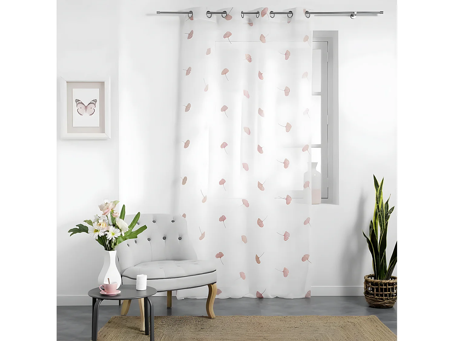 Rideau Voilage à Œillets "Ariella" 140x280cm Blanc & Rose