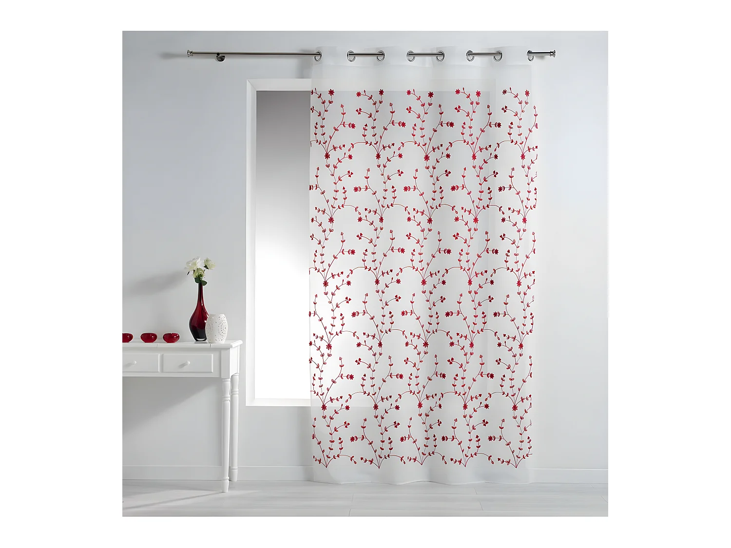 Rideau Voilage à Œillets "Petite Fleur" 140x240cm Blanc & Rouge