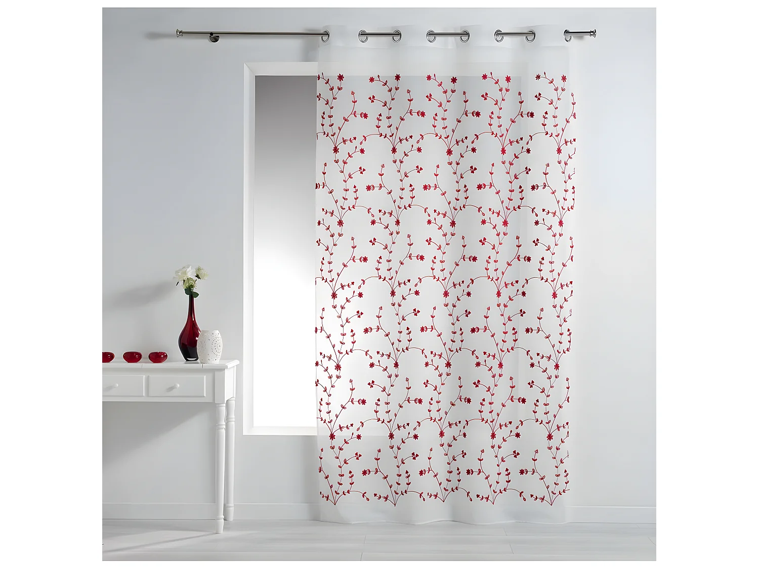 Rideau Voilage à Œillets "Petite Fleur" 140x240cm Blanc & Rouge