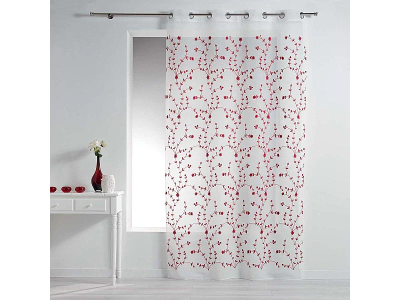 Rideau Voilage à Œillets "Petite Fleur" 140x240cm Blanc & Rouge