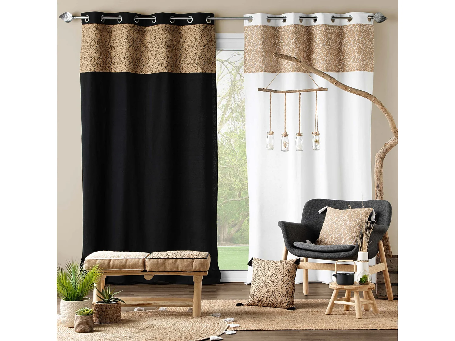 Cortina bi material con lona de yute estampada 140 x 240 cm