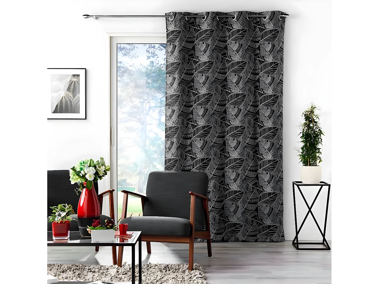 Rideau à Œillets Jacquard "Floriss" 140x260cm Noir