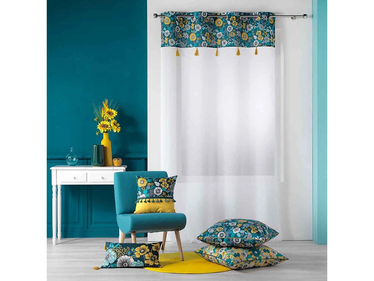Rideau Voilage à Œillets "Bohoflora" 140x240cm Bleu