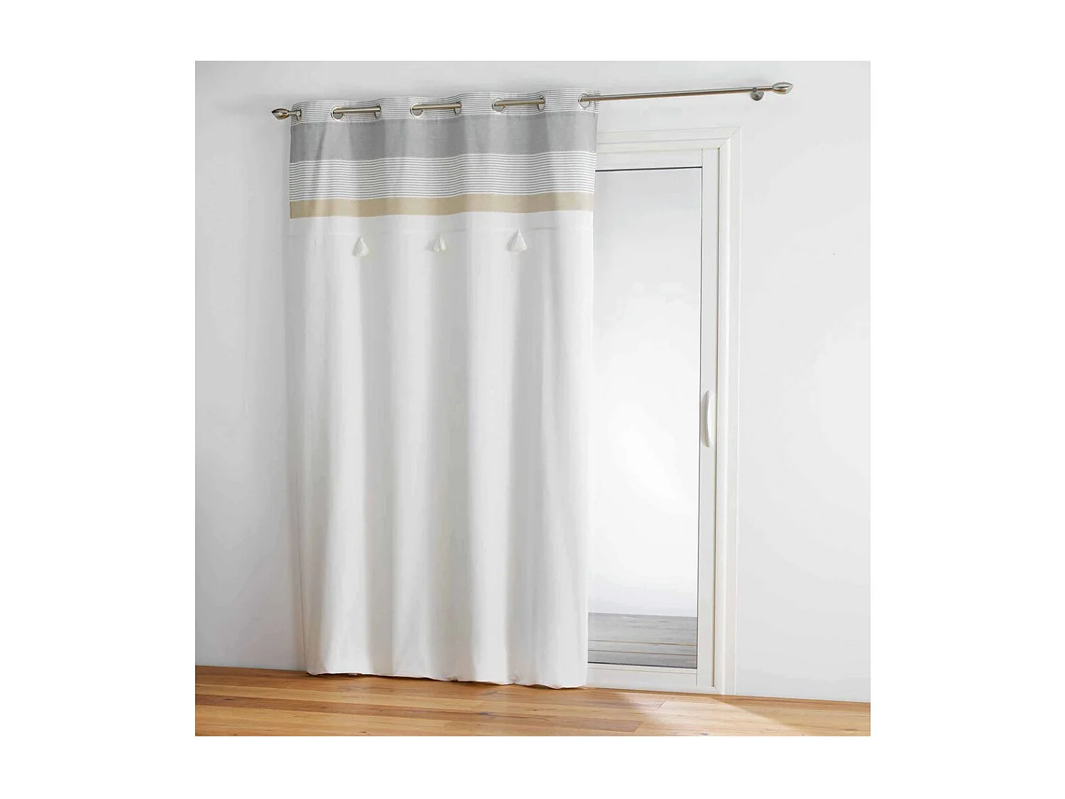 Rideau à Œillets Avec Pompons "Iliade" 140x240cm Blanc & Gris