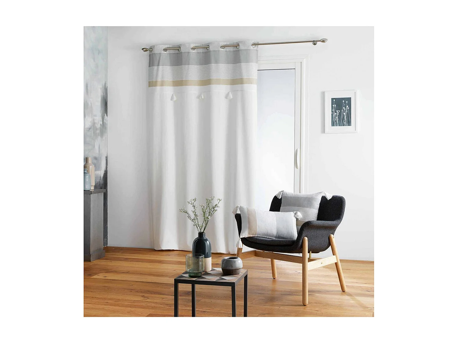 Rideau à Œillets Avec Pompons "Iliade" 140x240cm Blanc & Gris