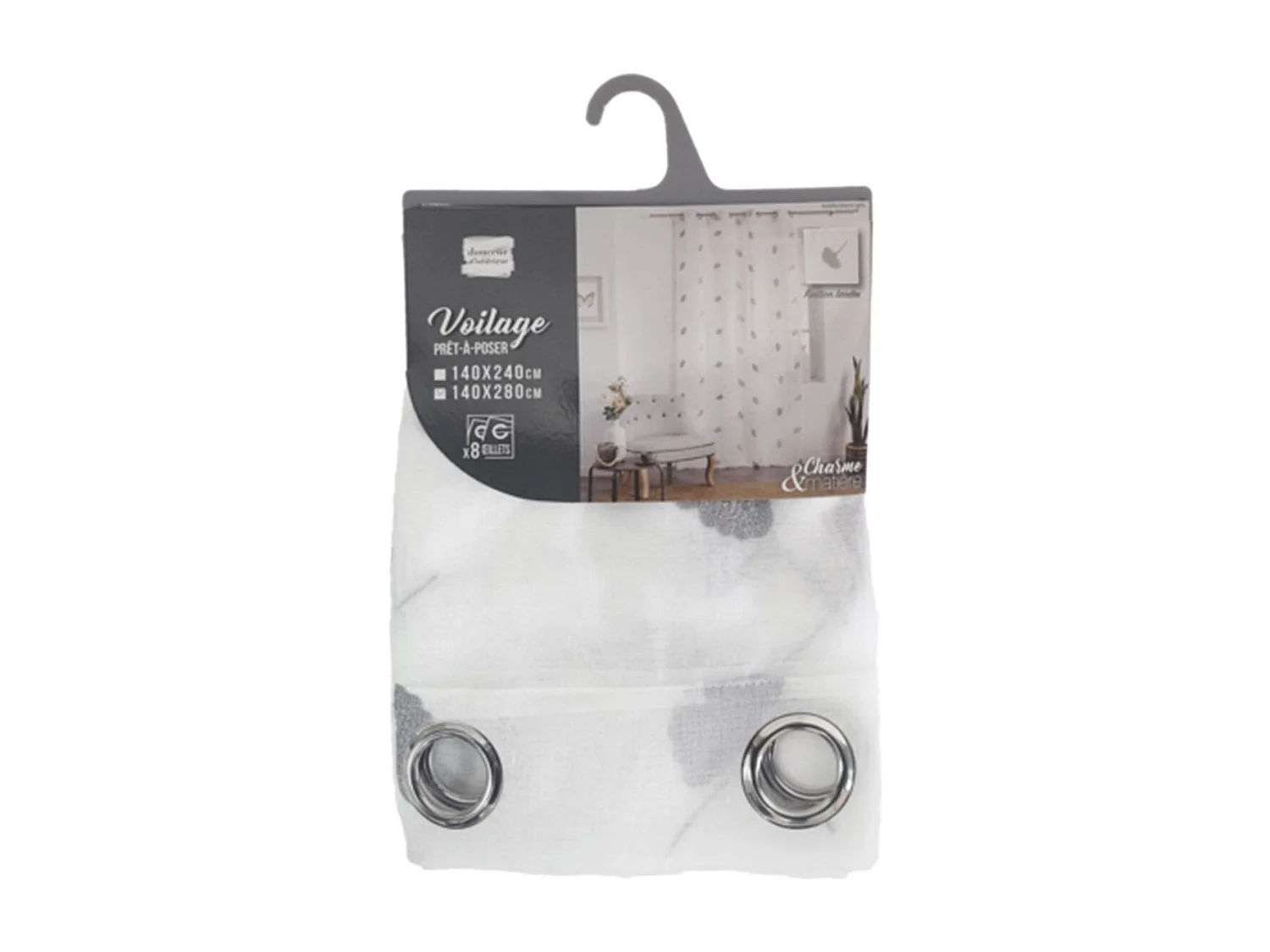 Rideau Voilage à Œillets "Ariella" 140x280cm Blanc & Gris