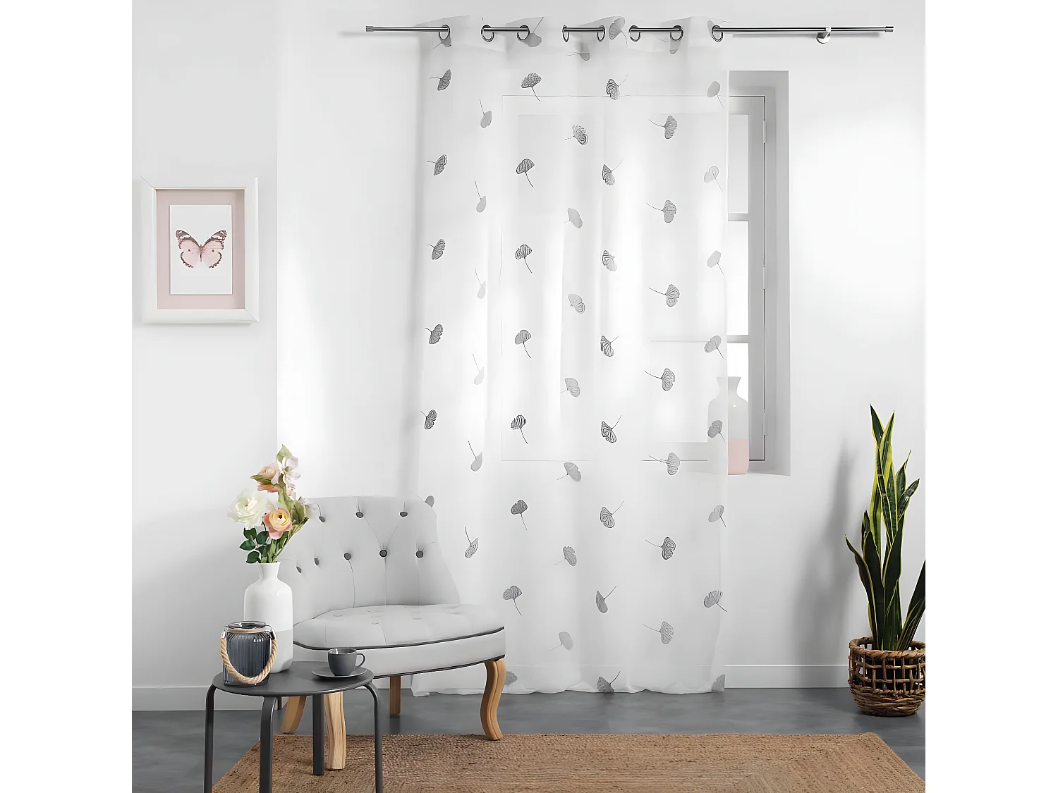 Rideau Voilage à Œillets "Ariella" 140x280cm Blanc & Gris