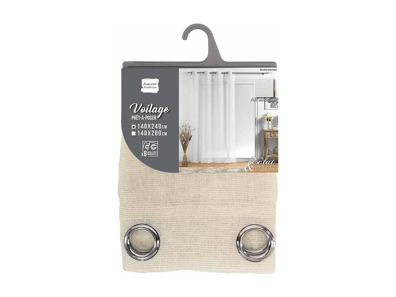 Rideau Voilage à Œillets "Sunline" 140x240cm Blanc & Or