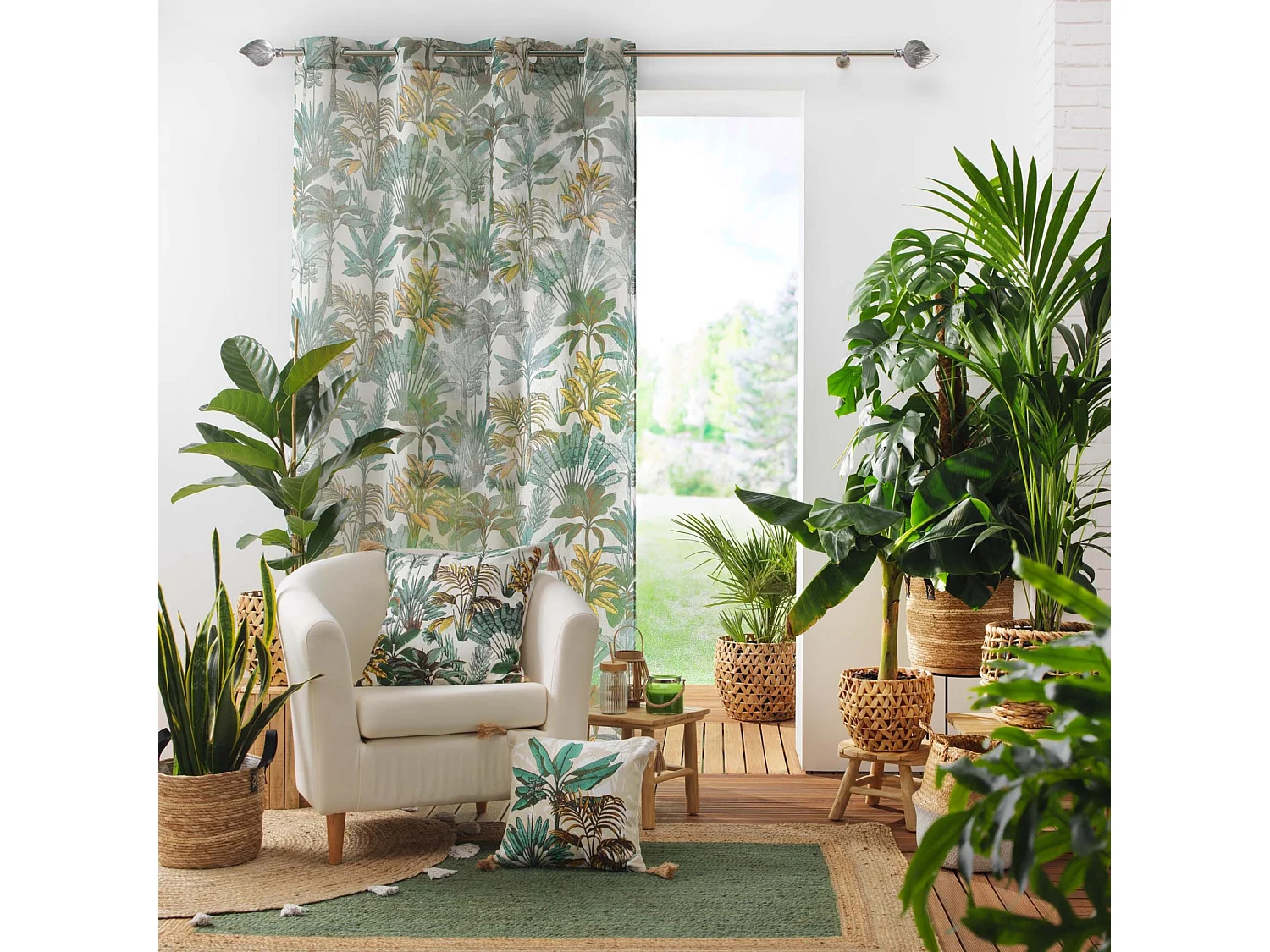 Visillo efecto lino estampado follaje