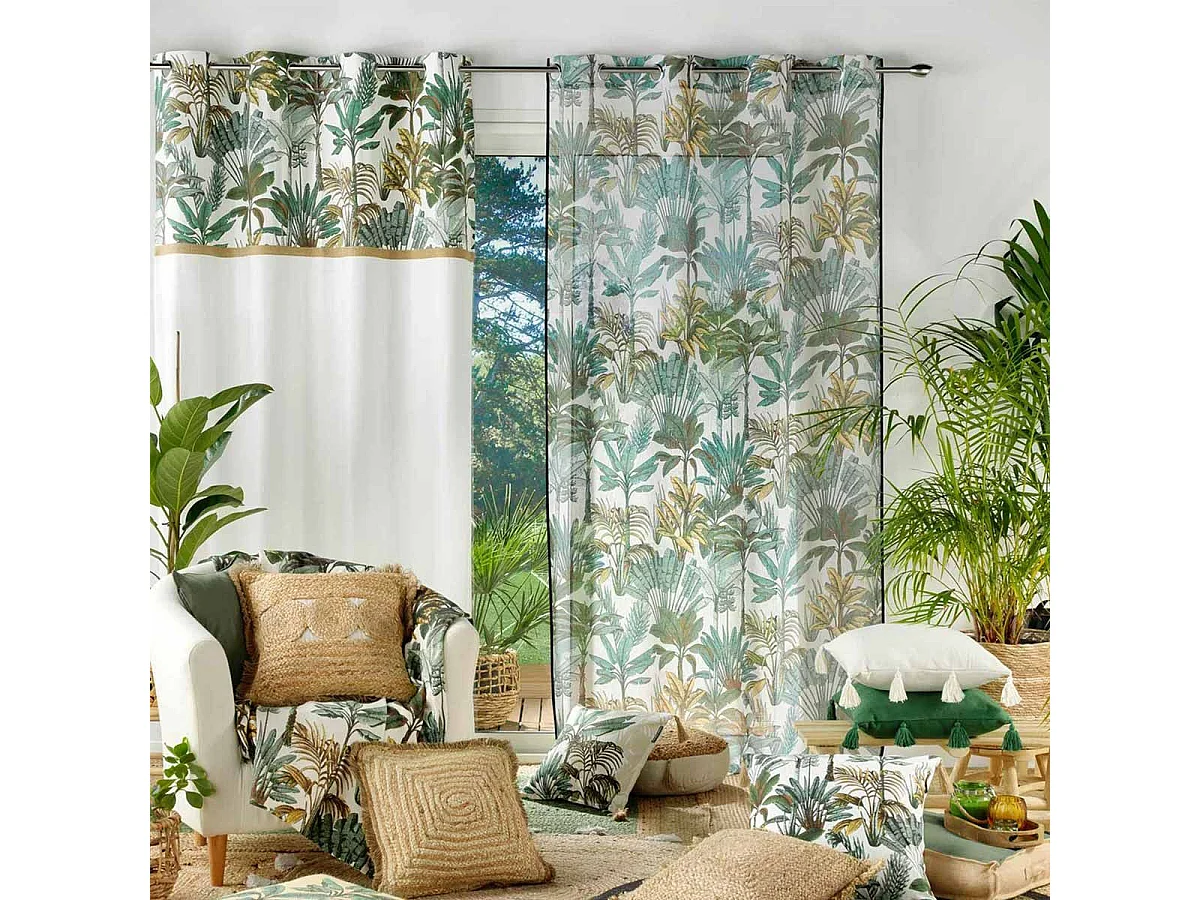 Visillo efecto lino estampado follaje