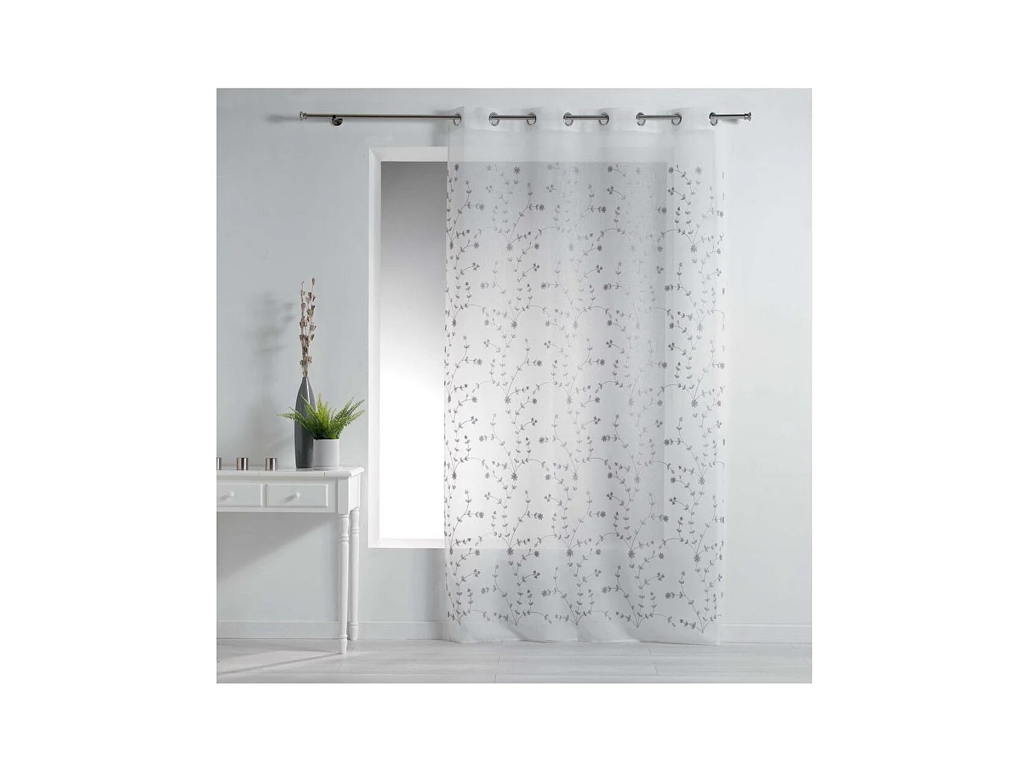 Rideau Voilage à Œillets "Petite Fleur" 140x240cm Blanc & Gris