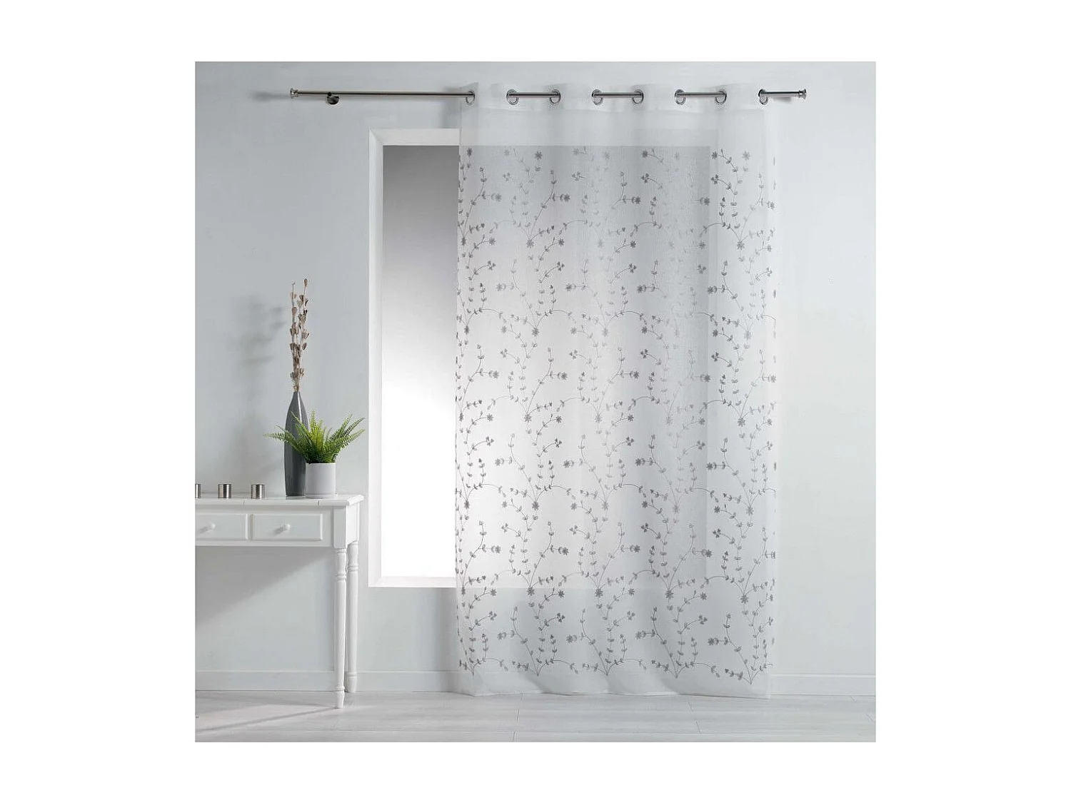 Rideau Voilage à Œillets "Petite Fleur" 140x240cm Blanc & Gris