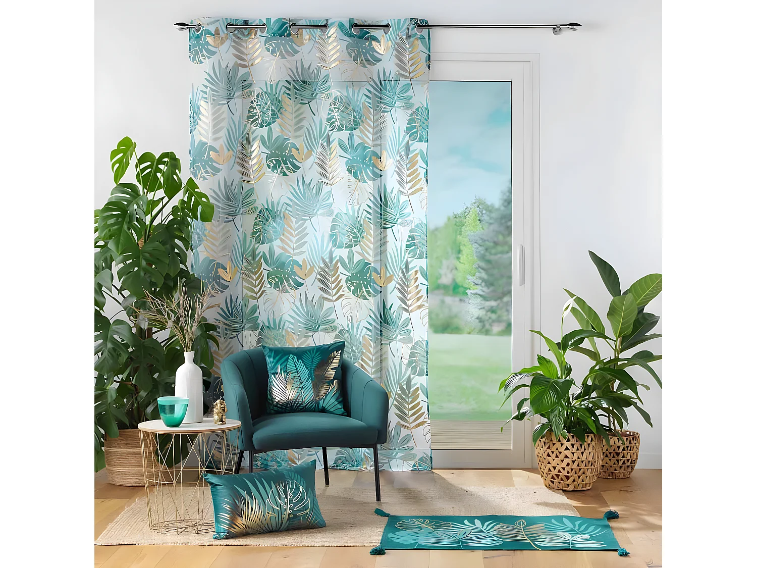 Rideau Voilage à Œillets "Ornella" 140x240cm Blanc & Émeraude