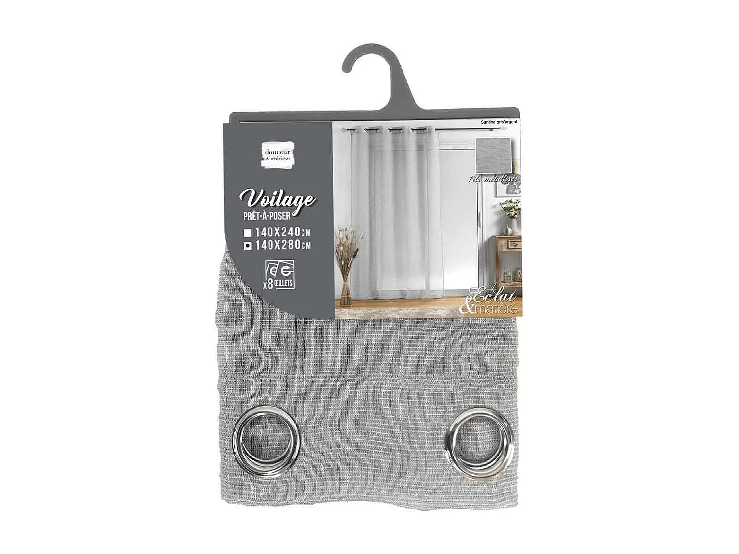 Rideau Voilage à Œillets "Sunline" 140x280cm Gris & Argent