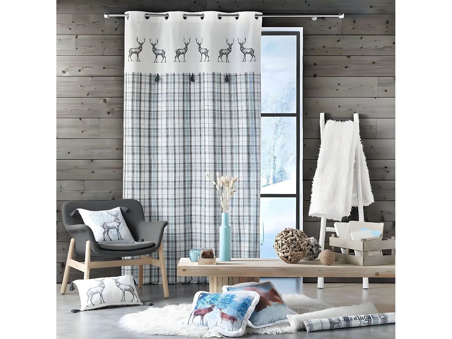 Rideau à Œillets Tissé "Megève" 140x240cm Bleu