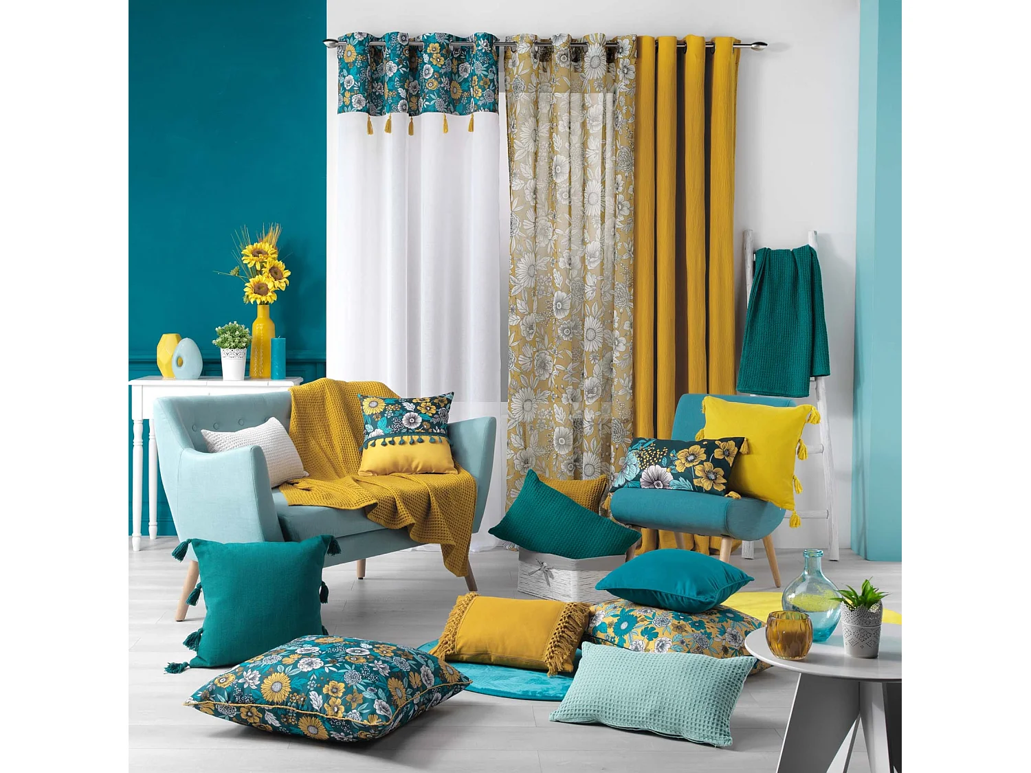 Rideau Voilage à Œillets "Bohoflora" 140x240cm Jaune