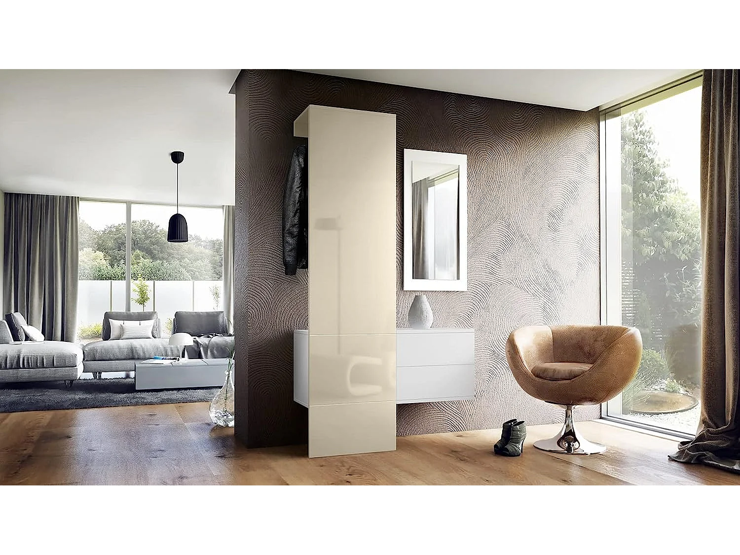 Vestiaire blanc mat et panneau crème laqué (LxHxP) : 105 x 193 x 35