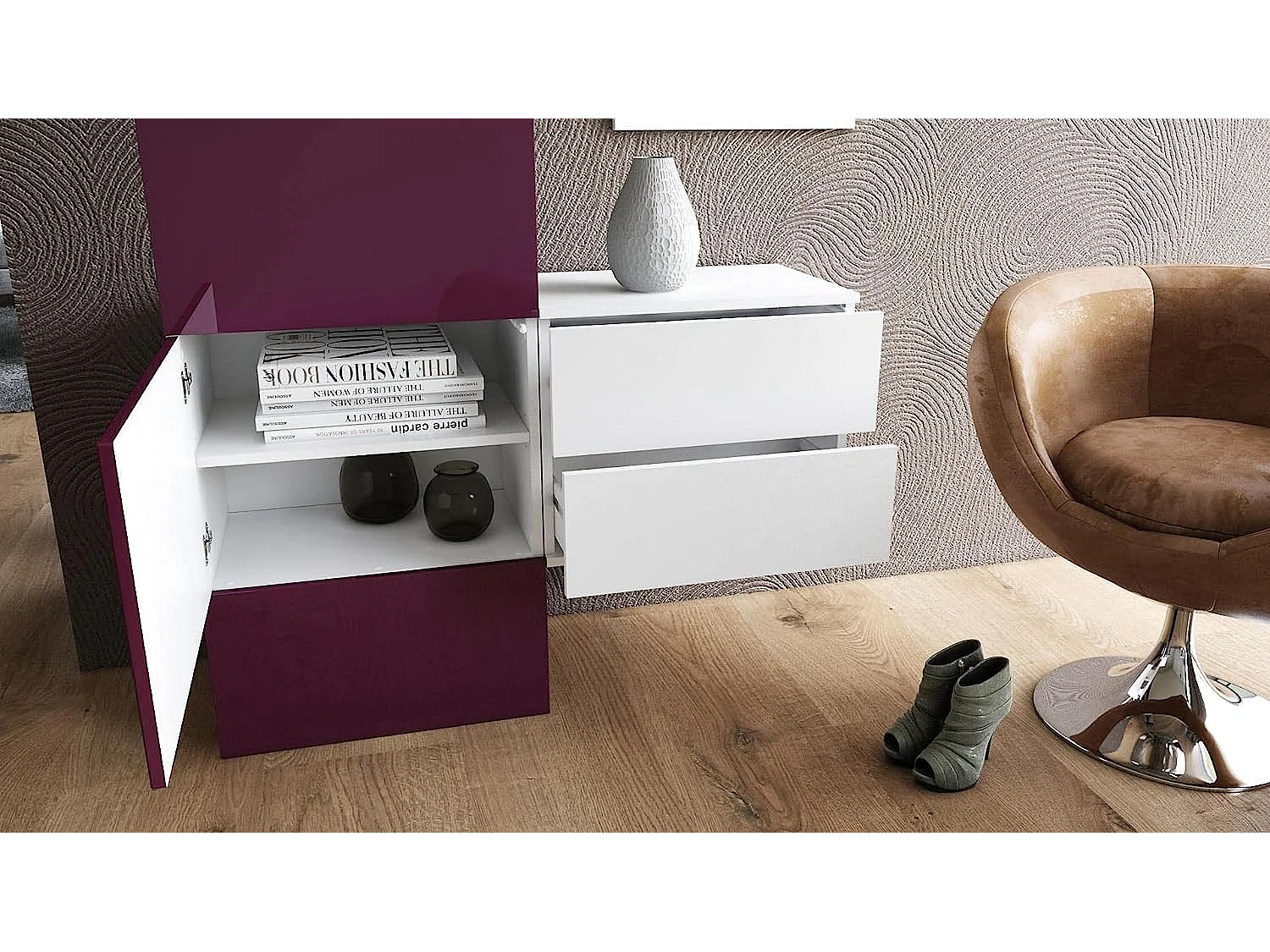 Vestiaire blanc mat et panneau crème laqué (LxHxP) : 105 x 193 x 35