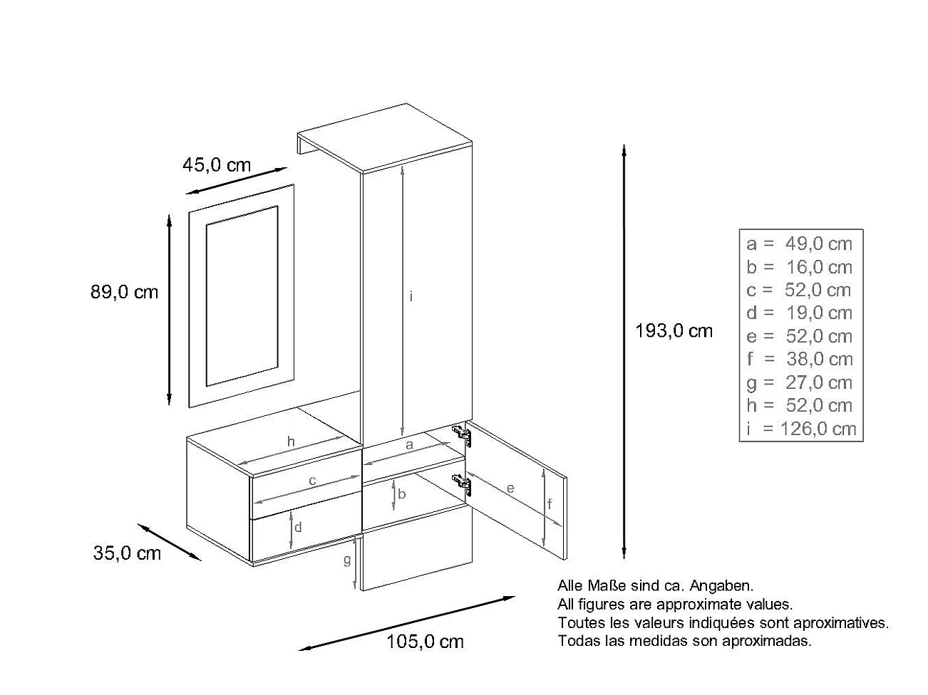 Vestiaire blanc mat et panneau graphique satiné (LxHxP) : 105 x 193 x 35