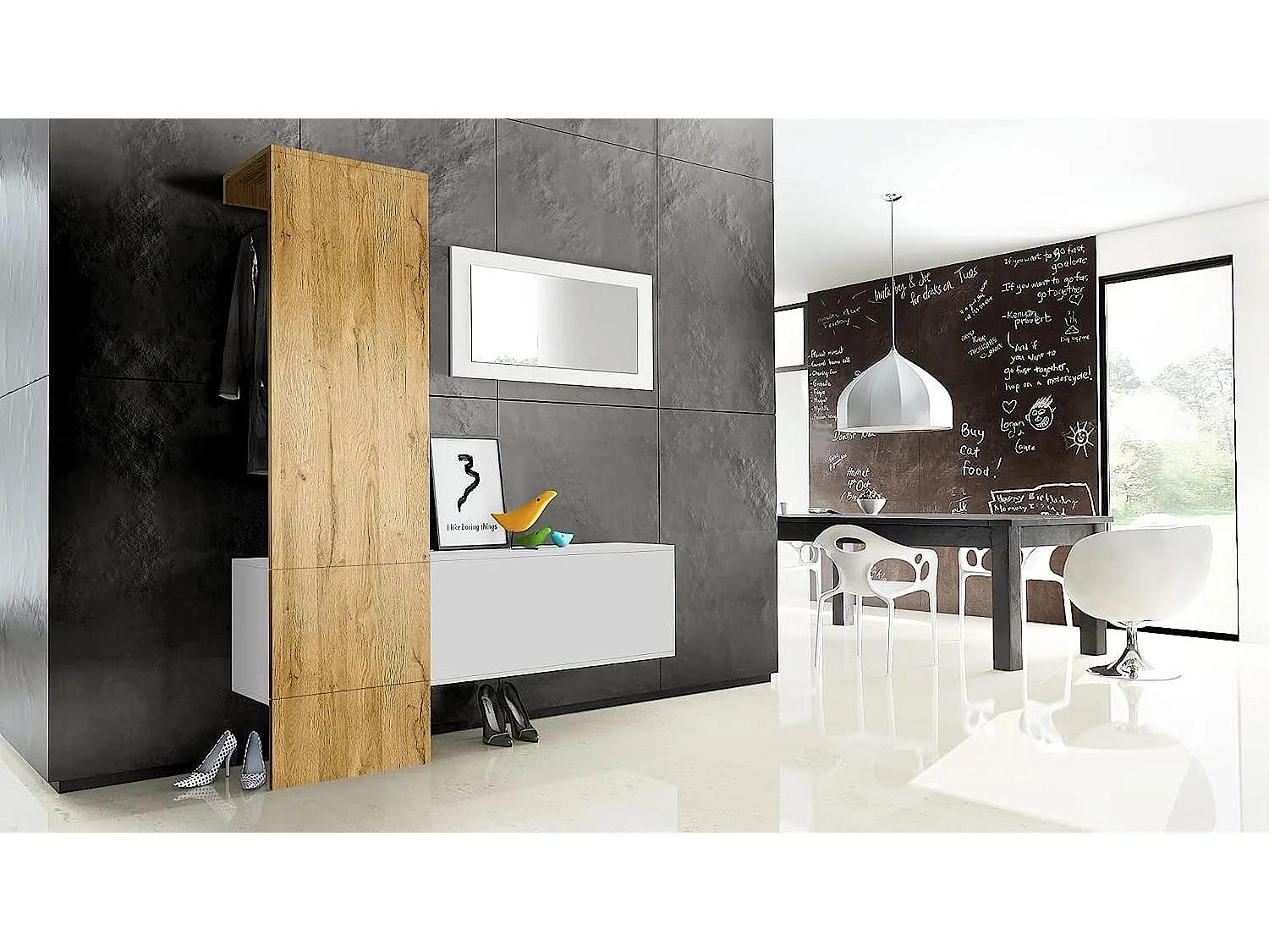 Vestiaire blanc mat panneau chêne  Nature mdf 156 x 193 x 35 cm