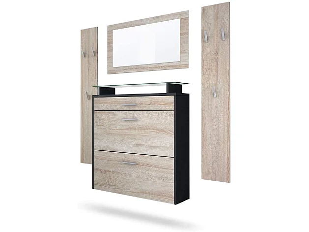 Ensemble de Meubles d'entrée  Corps en Noir Mat/Façades en aspect Chêne Brut