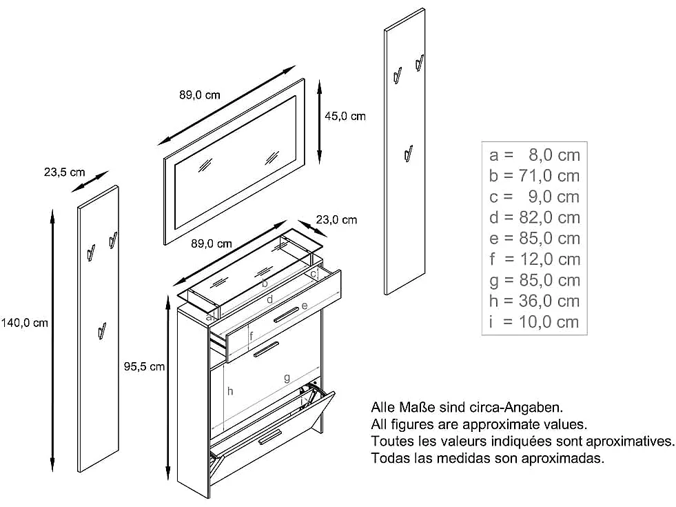 Ensemble de Meubles d'entrée  Corps en Noir Mat/Façades en aspect Chêne Brut