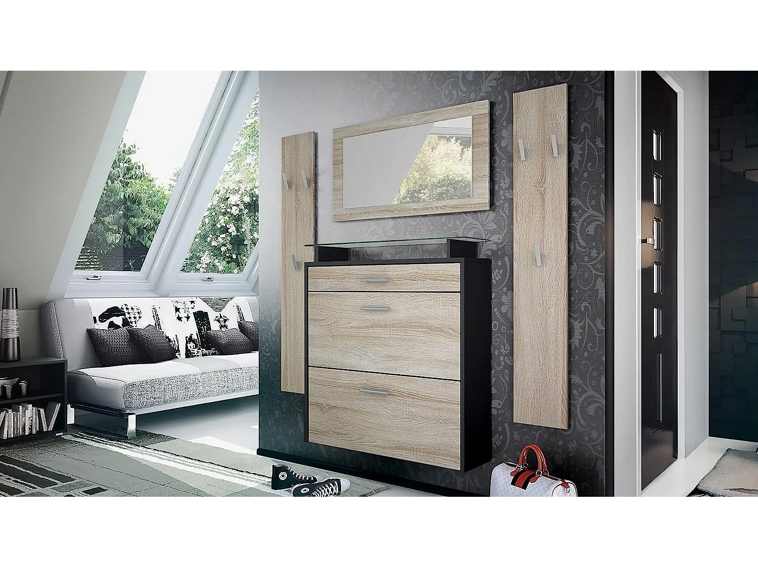 Ensemble de Meubles d'entrée  Corps en Noir Mat/Façades en aspect Chêne Brut