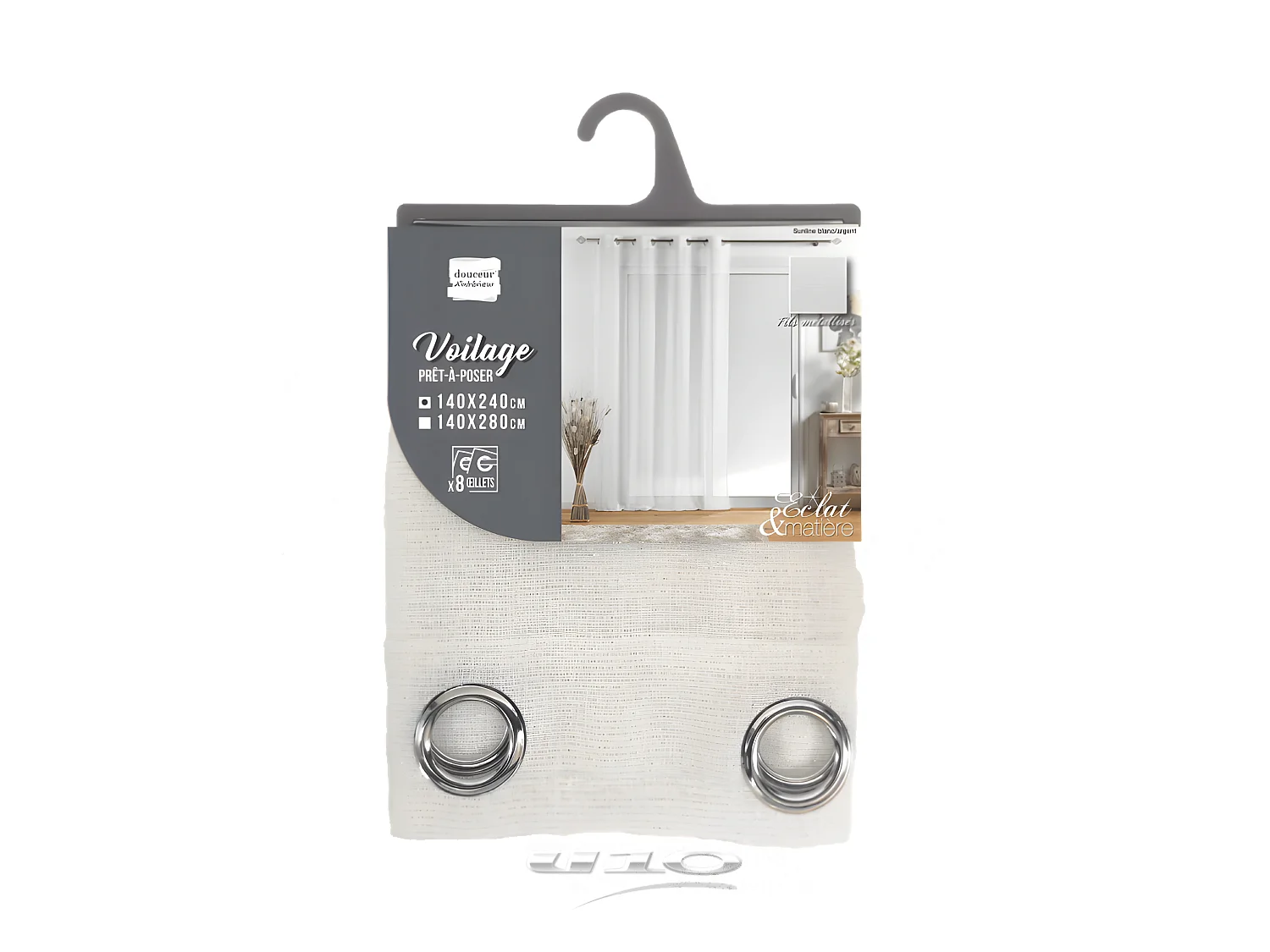 Rideau Voilage à Œillets "Sunline" 140x240cm Blanc & Argent