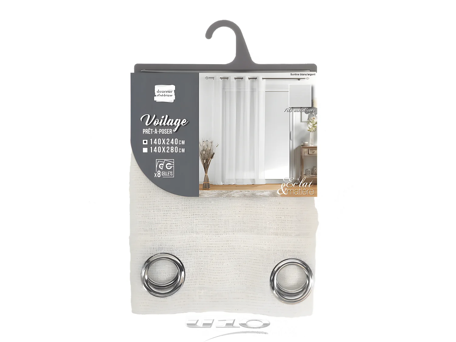 Rideau Voilage à Œillets "Sunline" 140x240cm Blanc & Argent