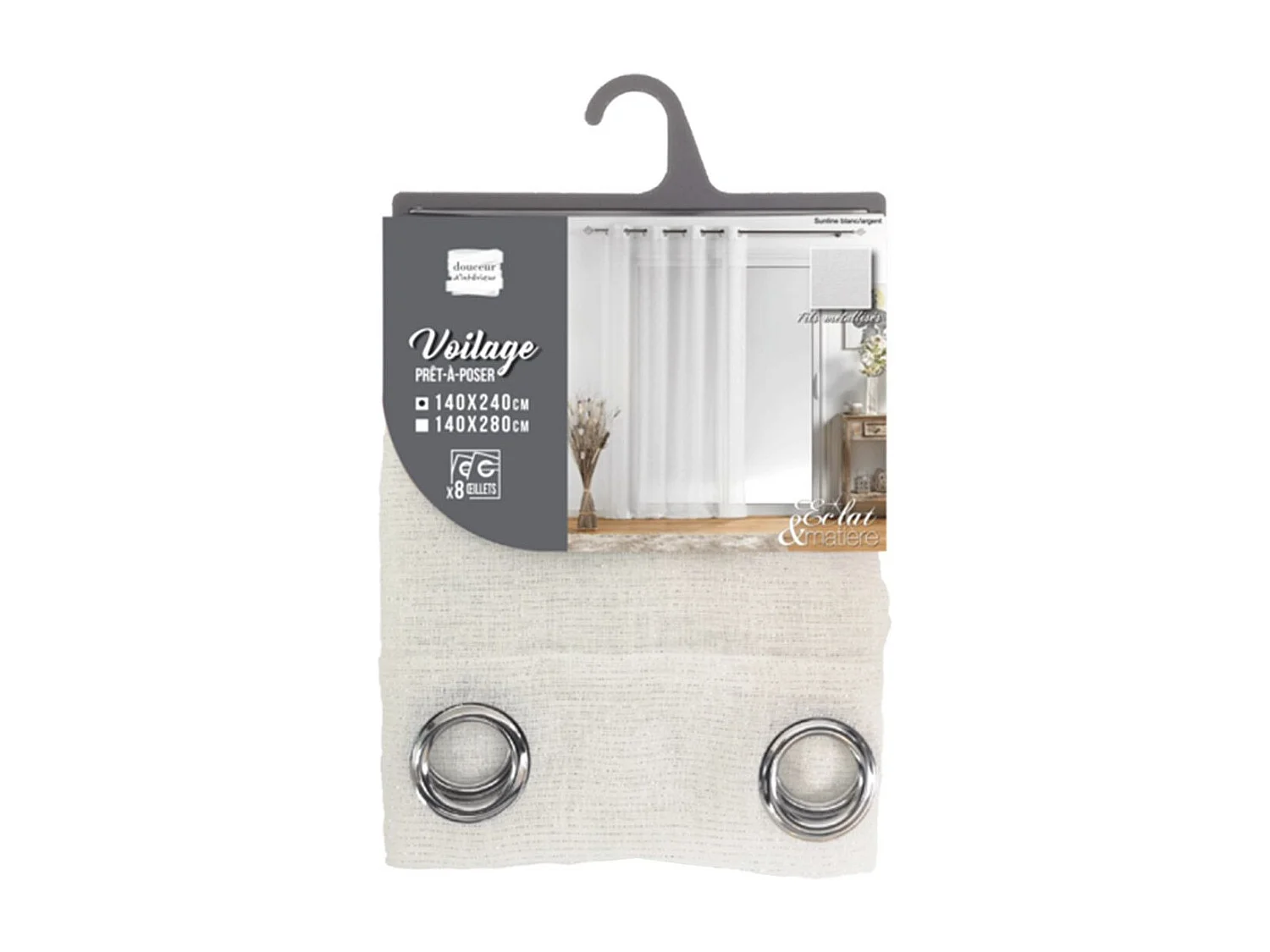 Rideau Voilage à Œillets "Sunline" 140x240cm Blanc & Argent