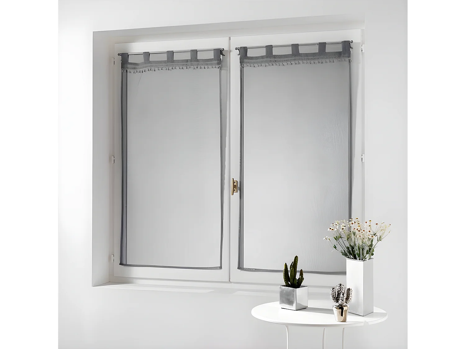 Paire de Voilages à Pompons "Poupette" 60x90cm Gris