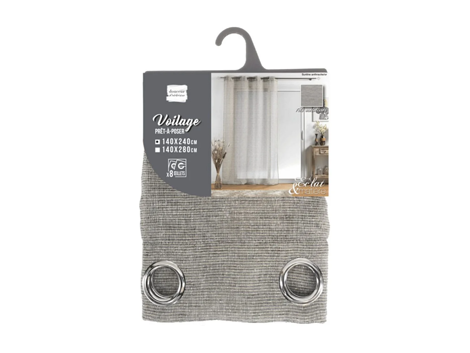 Rideau Voilage à Œillets "Sunline" 140x240cm Anthracite & Or