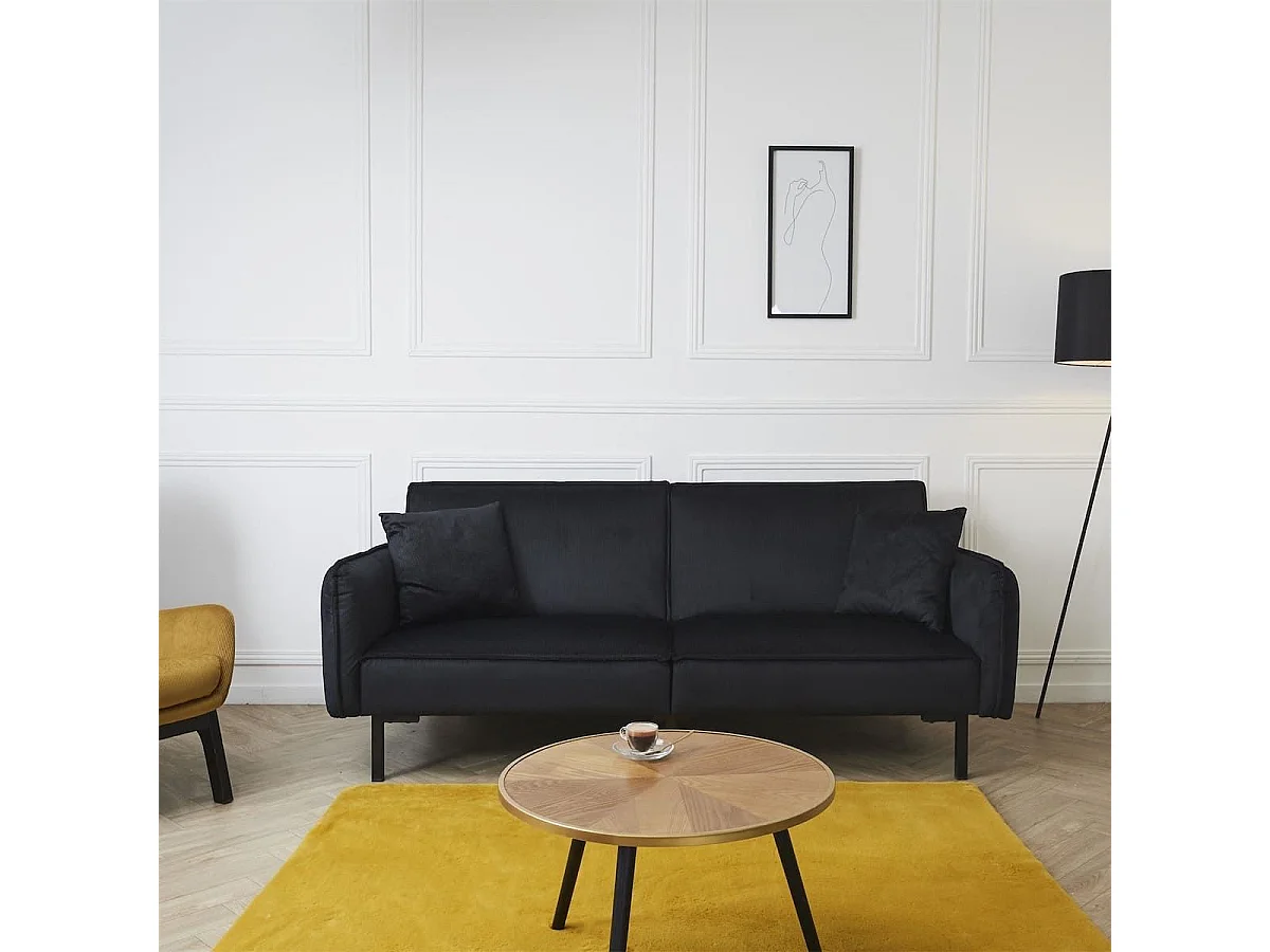 KONAE - Canapé Convertible Bois d'Eucalyptus Velours Noir