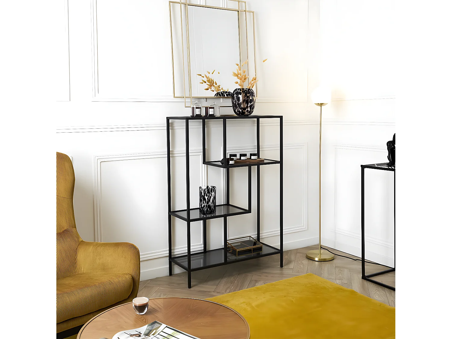 ENDIS - Etagère 4 Niveaux Verre Fumé et Métal Blanc