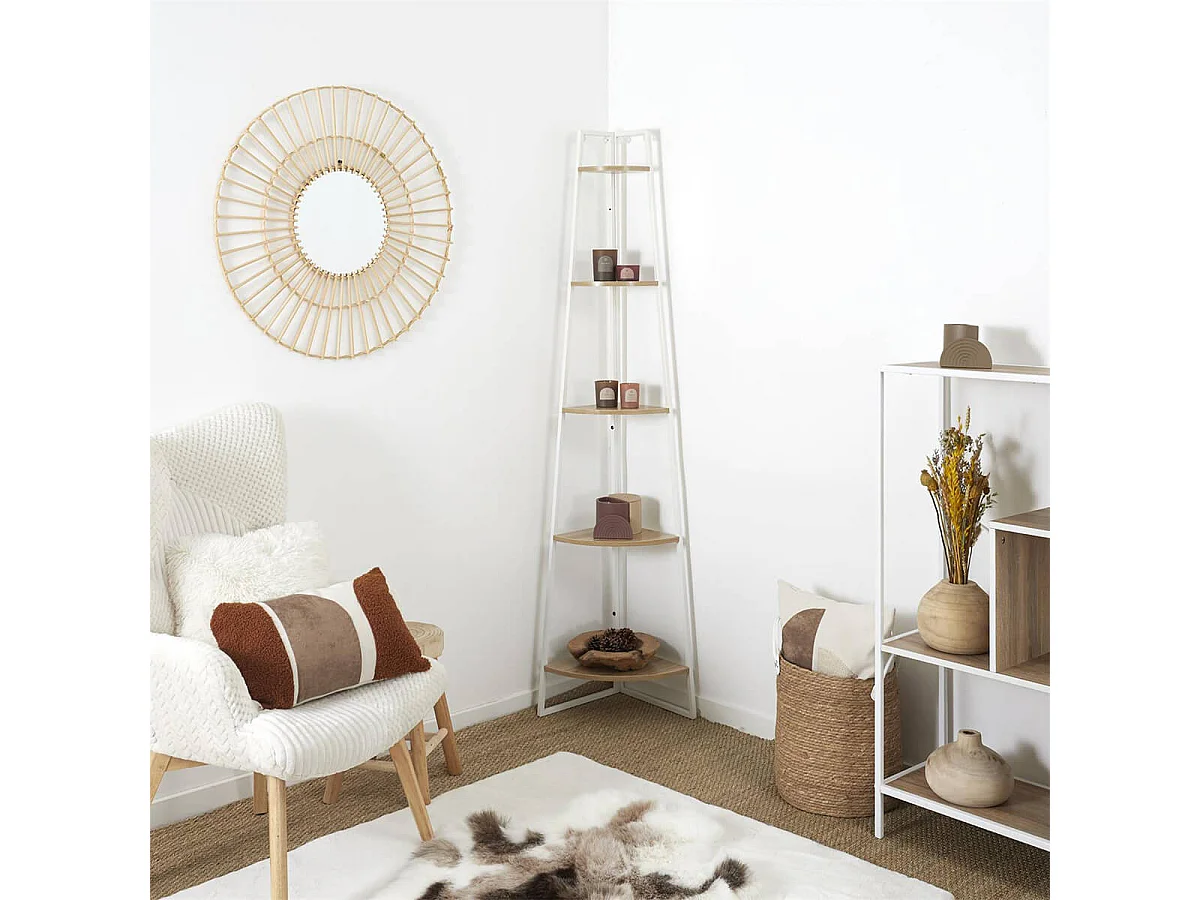 DANGA - Etagère d'Angle Métal Blanc Plateau Imitation Bois