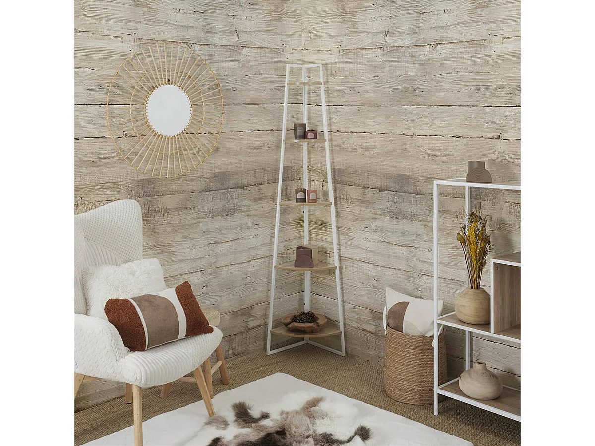 DANGA - Etagère d'Angle Métal Blanc Plateau Imitation Bois