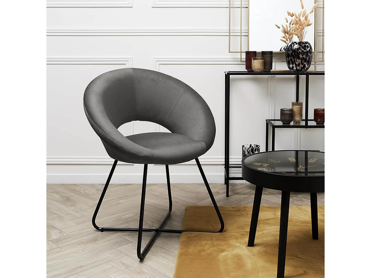 KONAE - Fauteuil Rond Ajouré en Velours Côtelé Gris