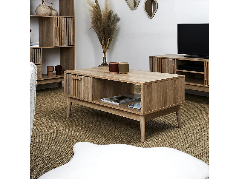 PAJAN - Table Basse 1 Tiroir Effet Bois avec Tasseaux