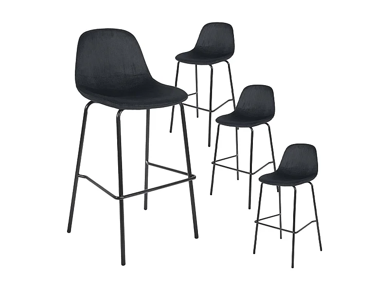 KONAE - Lot de 4 Tabourets de Bar en Velours Côtelé Noir