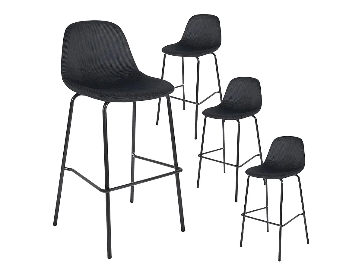 KONAE - Lot de 4 Tabourets de Bar en Velours Côtelé Noir