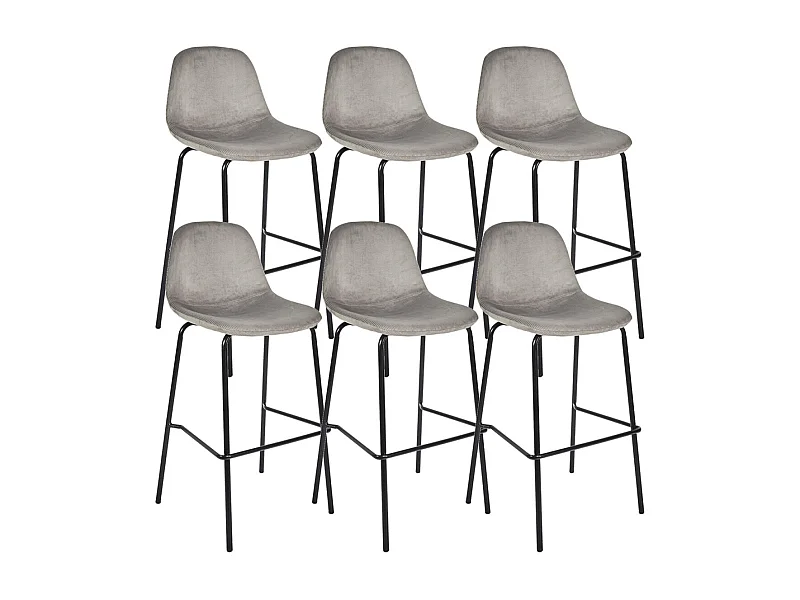 KONAE - Lot de 6 Tabourets de Bar en Velours Côtelé Gris