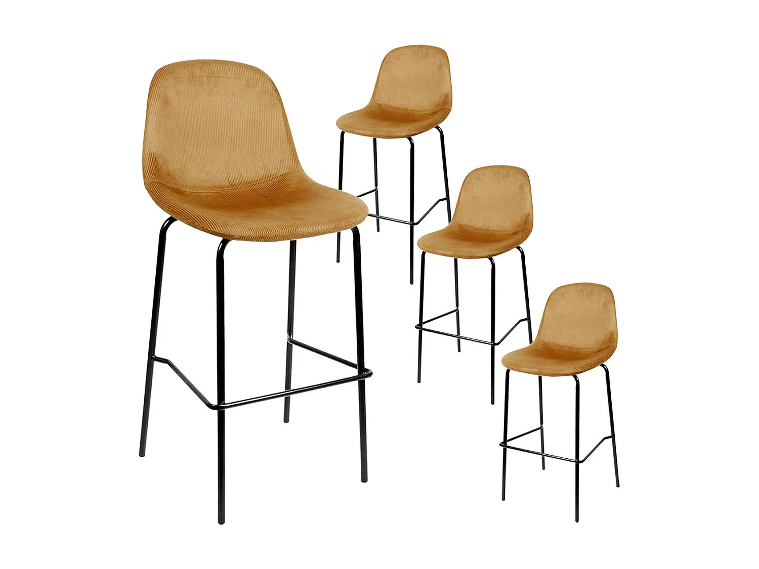 KONAE - Lot de 4 Tabourets de Bar en Velours Côtelé Ocre